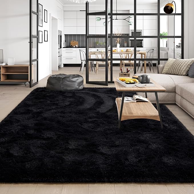 Amearea 8x10 Premium Soft Fluffy Rug Modern Shag Carpet, Fuzzy Shaggy Rugs for Bedroom Living Room Teen Apartment Decor, Comfortable Indoor Furry Dorm Carpets, Black
