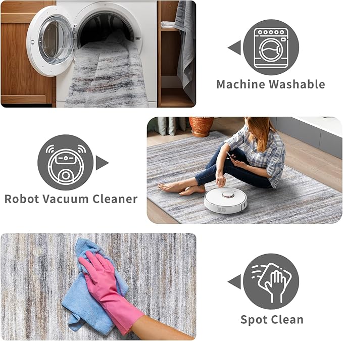2'6''x10' Washable Runner Rugs for Hallway: Easy-to-Clean Abstract Runners for Entryway Bedroom - Stain and Water Resistant Rugs with Non-Slip Backing - Soft Low-Pile Carpet Beige Grey