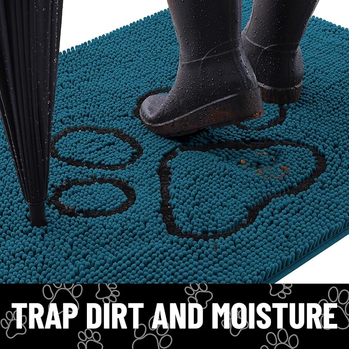Smiry Dog Door Mat for Muddy Paws, Absorbent Dirt Trapper Non Slip Quick Dry Washable Chenille Mat for Mud Dogs, Entry Rug for Indoor and Outdoor (30x20 Inches, Atlantic Blue and Black)