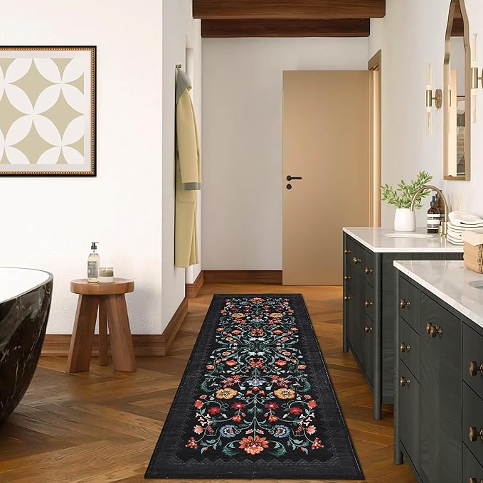 GarveeHome Floral Rug 2.5x10 Runners for Hallways, Boho Kitchen Runner Rugs Non Slip Bath Runners, Vintage Washable Runner Rug for Bedroom, Soft Long Rugs for Entryway Bathroom Laundry Dorm, Black