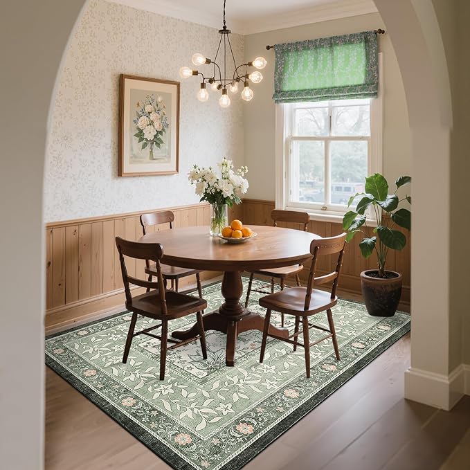 GarveeHome Provence 8x10 Area Rugs for Living Room, Botanical Grove Sage Green Cottagecore Washable Rug for Bedroom Dining Nursery Low-Pile Vintage Large Carpet