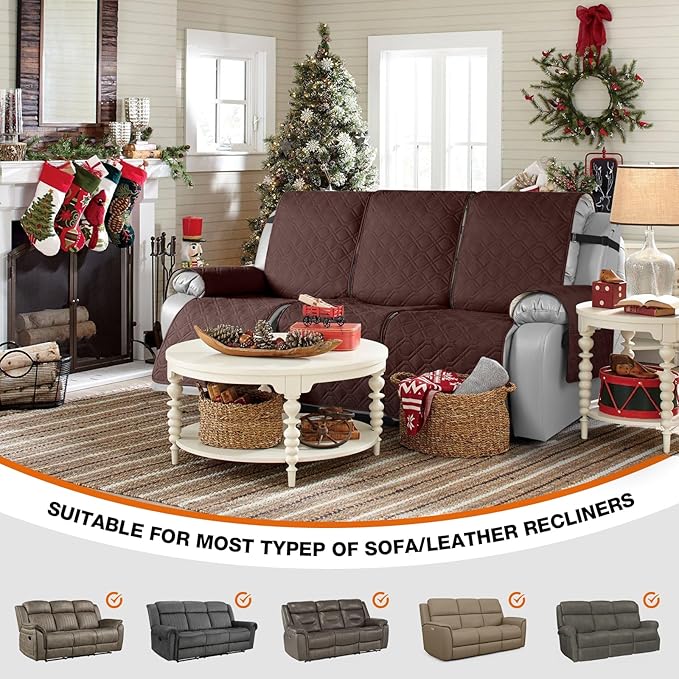 VANSOFY Waterproof Recliner Couch Covers, Sofa Covers 1-Piece Washable Reclining Sofa Cover Non-Slip Furniture Protector with Elastic Straps Pocket for Dogs, Pets(Chocolate,3 Seater)
