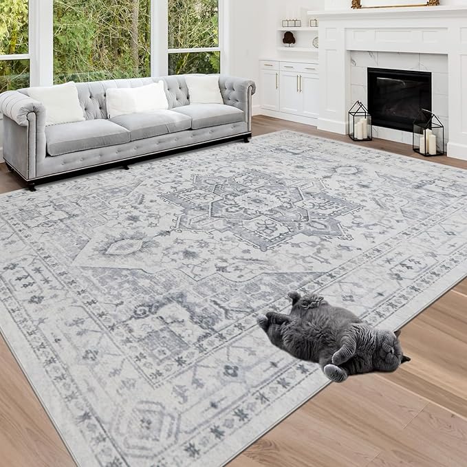 Srugn Area Rugs 5x7 Washable Area Rugs for Living Room- Ultra Soft Non-Shedding Faux Wool Bedroom Rug Grey Vintage Print Rugs Non Slip Dining Room Rugs Large Floor Carpet for Farmhouse Home Office