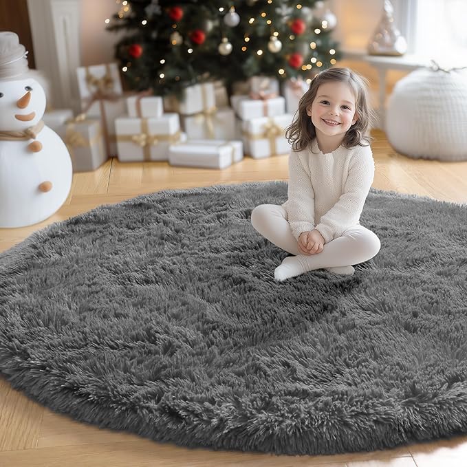 Amdrebio Grey Round Area Rugs 7Ft for Living Room, Large Shag Fluffy Circle Rug for Bedroom, Big Soft Thick Plush Carpet for Kids Room, Modern Furry Fuzzy Circular Gray Rug for Classroom Apartment