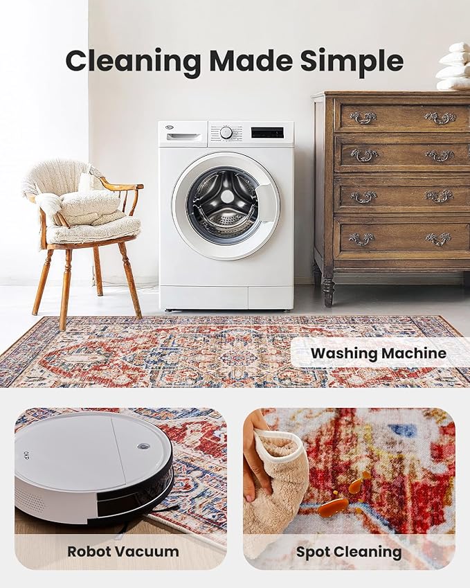 AMADA HOMEFURNISHING 5x7 Area Rugs, Washable Living Room Rug Low-Profile with Non-Slip Backing & Durable Edge Binding, Vintage 5x7 Rugs for Living Room, Bedroom, Dinning Room