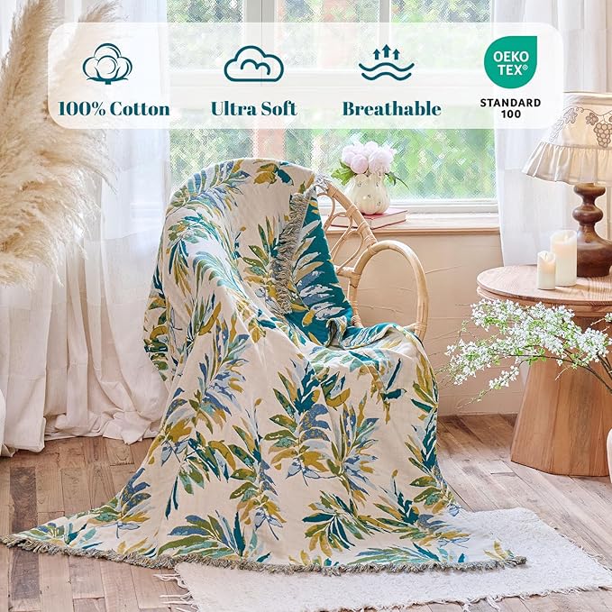 MSGKV Boho Throw Blanket for Bed Cotton 60"x80" Leaves Blanket Twin Size Couch All Seasons Muslin Spring Breathable Lightweight Farmhouse Blankets