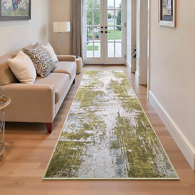 2x6 Sage Green Rug Runners for Hallways Kitchen Runner Rug Non Slip Washable Long Runner Rugs with Rubber Backing Soft Abstract Carpet Runner for Hallways, Kitchen, Bathroom, Entryway