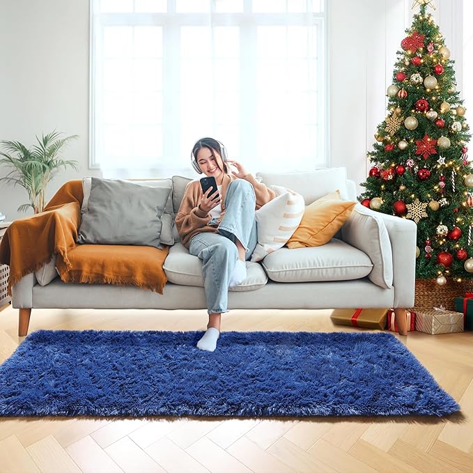 ONASAR Navy Blue Runner Rugs for Bedroom Living Room, Fluffy 2x6 Bedside Hallway Area Rug, Ultra Soft Plush Furry Faux Fur Non Slip Floor Carpet for Nursery Kids Dorm Closet Home Decor
