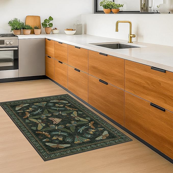 Hazo Haus 2x4 Entry Way Rugs Indoor - Dark Green Putdoor Rug for Kitchen, Bathroom, Insect Boho Design, Washable Non Slip Stain Resistant