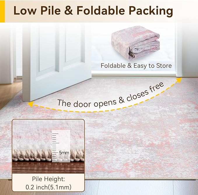 Washable Area Rugs Square 8ft Non-Slip Modern Abstract Soft for Living Room Entryway Bedroom Nursery, Print Pattern, Grey Pink