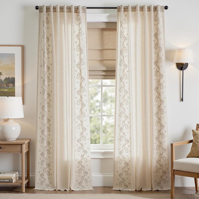 jinchan Evelyn Embroidered Linen Curtains for Living Room Farmhouse Floral Curtains for Bedroom Semi Sheer Light Filtering Window Drapes Rod Pocket Back Tab 2 Panels W50 x L96 Beige