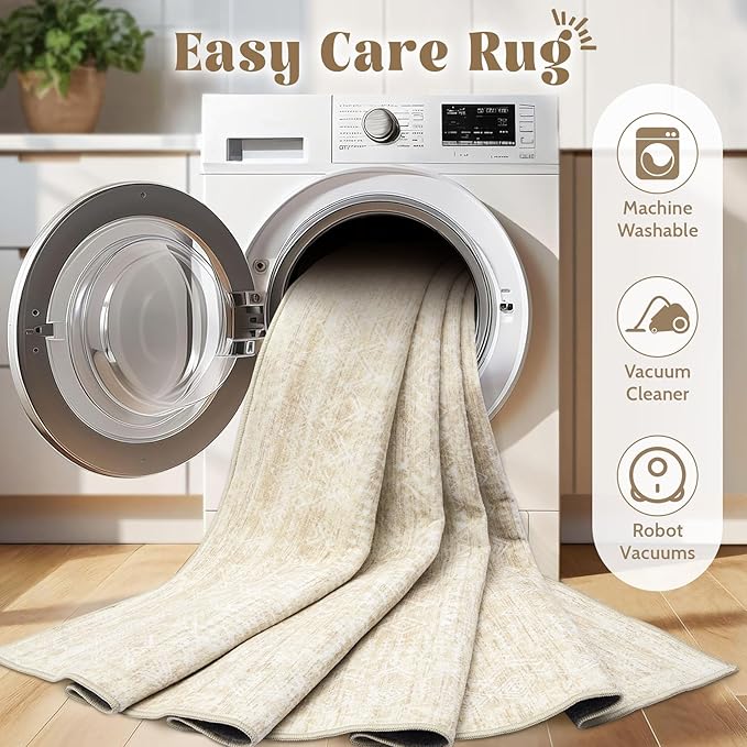 2x8 Washable Runner Rug: Moroccan Geometric Boho Rug Farmhouse Non Slip Stain Resistant Rugs Low Pile Soft Carpet for Porch Kitchen Laundry Room Living Room Bedroom (Beige,2'x8')