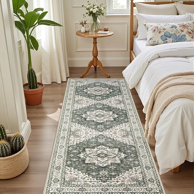 Hallway Runner Rug Non Slip - Washable 2.6x8 Kitchen Rugs for Living Room, Low-Pile Soft Bedroom Rug Indoor Floor Stain Resistant Carpets for Entryway, Laundry, Bathroom Green Ivory