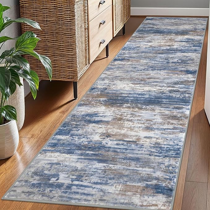 KOZYFLY Modern Abstract Hallway Runner Rug, 2.6x8 Washable Rug Runner Non-Slip Soft Striped Kitchen Runner Rugs, Print Blue Rust Carpet Runner for Entryway Bathroom Laundry Room Foyer