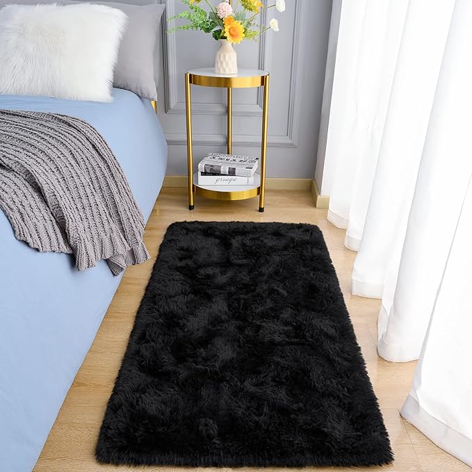 Amearea Shag Fluffy Small Rug, 2x4 Feet Throw Rugs for Bedroom Girls Living Room, Extra Soft and Fuzzy Shaggy Carpet, Non Slip, Solid Color Nursery Home Floor Decor Carpets, Black