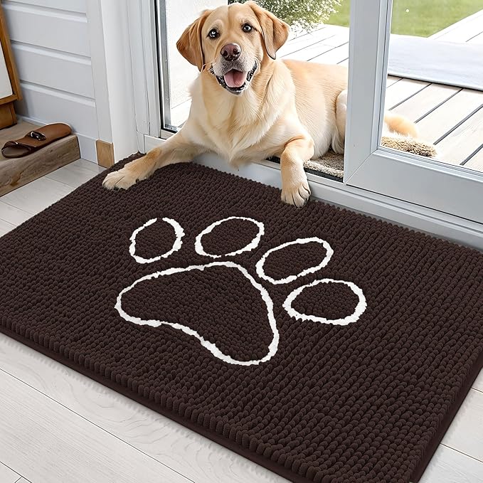 OLANLY Dog Door Mat for Muddy Paws 35x24, Paw Print Design, Absorbs Moisture and Dirt, Absorbent Non-Slip Washable Doormat, Quick Dry Chenille Mud Mat for Dogs, Entry Indoor Entryway Carpet, Brown