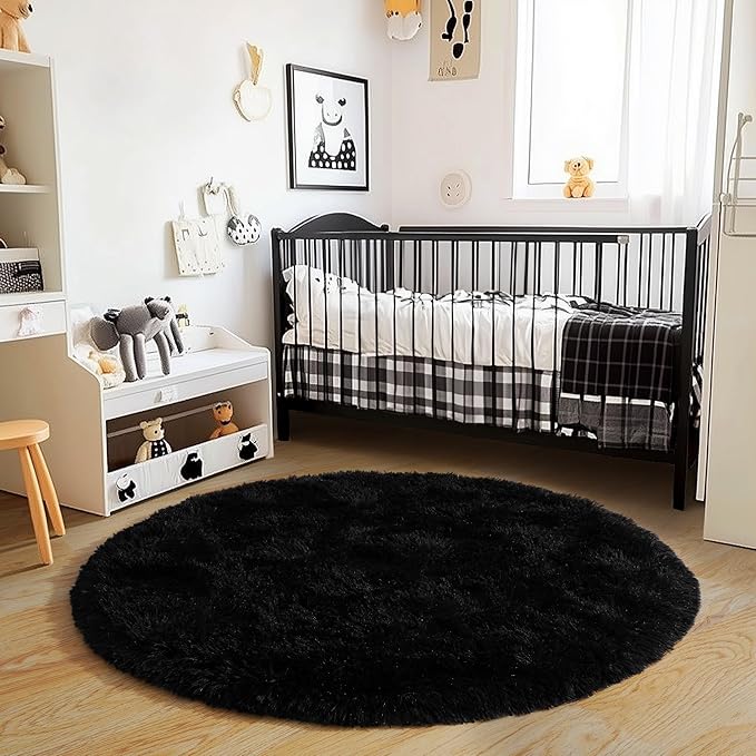 5'x5' Black Round Rug for Bedroom, Ultra Soft Fluffy Circle Rug for Kids Girls Boys Room, Cute Shag Rugs for Living Room Playroom Teen Room Home Decor Rug