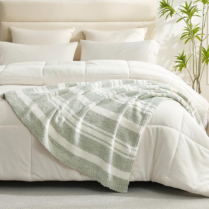Snuggle Sac Heather Throw Blanket for Couch, Reversible Super Soft Blankets Warm Cozy Knit Fuzzy Plush Lightweight for Sofa, Bed, Camping, Picnic (Stripe Green, Throw(50"x 60"))