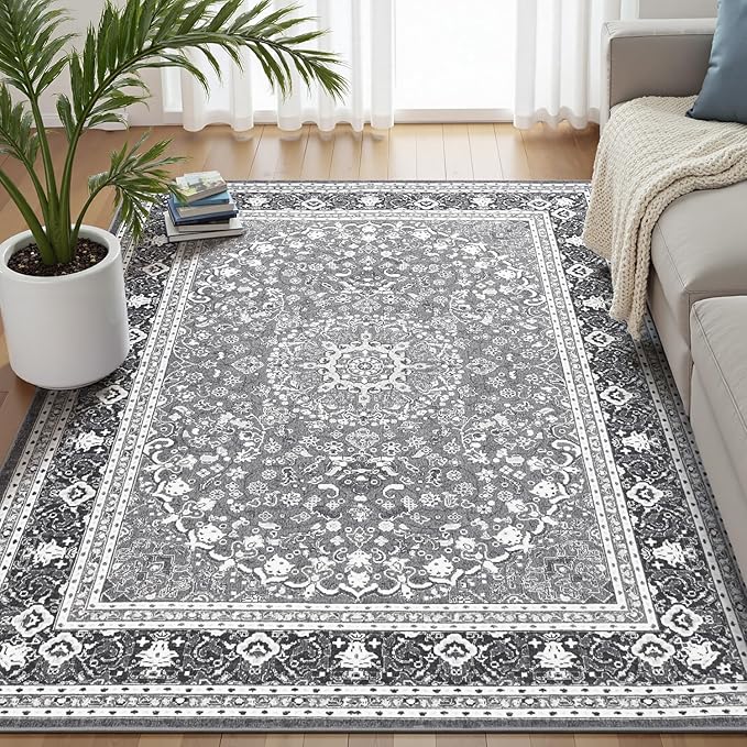 Lofus 5x7 Area Rugs for Living Room, Machine Washable Non-Slip Area Rug, Low Pile Large Rugs for Bedroom, Kitchen, Dining Room, Home Office, Vintage Oriental Print Rug, Light Grey with White