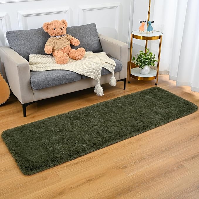 Goideal Fluffy Runner Rug for Bedroom Living Room, 2x6 Olive Green Bedside Rugs, Faux Fur Shag Modern Carpet Ultra Soft Girls Boys Room Home Decor, Solid