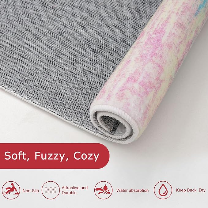 KOZYFLY Pink Nursery Rug for Baby Girl, Washable Thin Area Rugs 5x7 for Kids Bedroom Dorm Playroom, Non-Slip Faux Wool Soft Low Pile Living Room Rug for Dining Room, Kitchen Bathroom