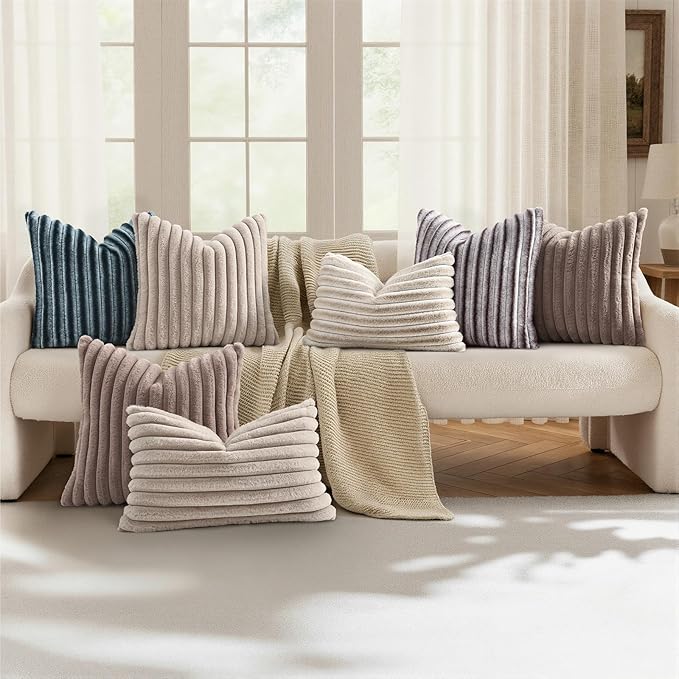 decorUhome Cozy Faux Fur Throw Pillow Covers 18x18 Set of 2 Decorative Soft Plush Striped Modern Farmhouse Boho Couch Pillow Cases with Velvet Back for Sofa Bed Living Room, Brown White