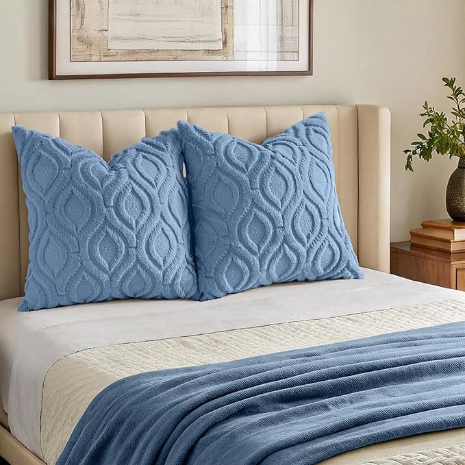 decorUhome Throw Pillow Covers 26x26 Inch Set of 2, Soft Plush Faux Wool Blue Solid Couch Pillow Covers, Accent Euro Sham Farmhouse Neutral Square Pillow Cases for Sofa Bed Living Room