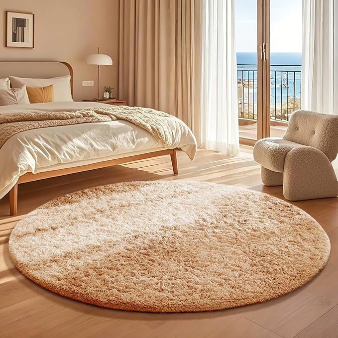 Ophanie Round Rug 4Ft Beige Circle Area Rug, Fluffy Fuzzy Small Bedroom Carpet, Plush Soft Shaggy Floor Living Room Circular Christmas Decor for Kids Boys Girls Home Aesthetic, Nursery, Classroom