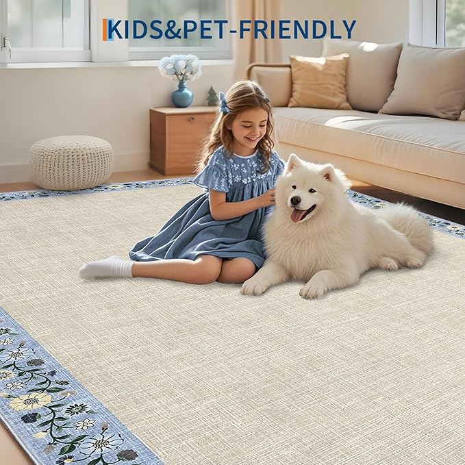 GarveeHome 4x6 Area Rugs for Bedroom Living Room Machine Washable Rugs Floral Bordered Small Carpet Non-Slip Stain Resistant Accent Carpet for Dining Room Table Apartment Office, Beige