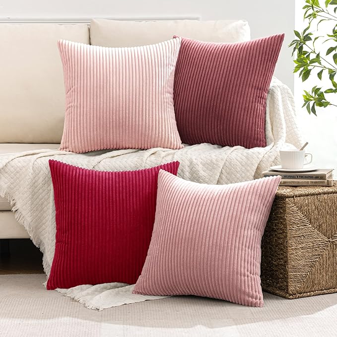MIULEE Boho Farmhouse Throw Pillow Covers 18x18 Inch Set of 4 Romantic Decorative Cushion Covers Spring Corduroy Home Decor for Feminine Valentines Couch Bed Sofa Living Room Aesthetic Pink