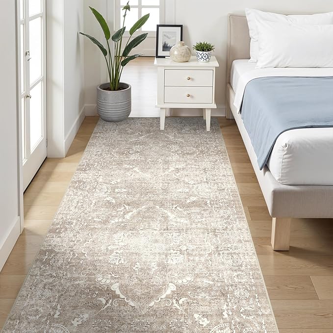 4x8 Washable Hallway Runner Rug - Wide Kitchen Runners Vintage Low Pile Carpet Soft Thin Floor Runner with Rubber Backing for Entryway Bedroom Living Room Home Decor (Beige)