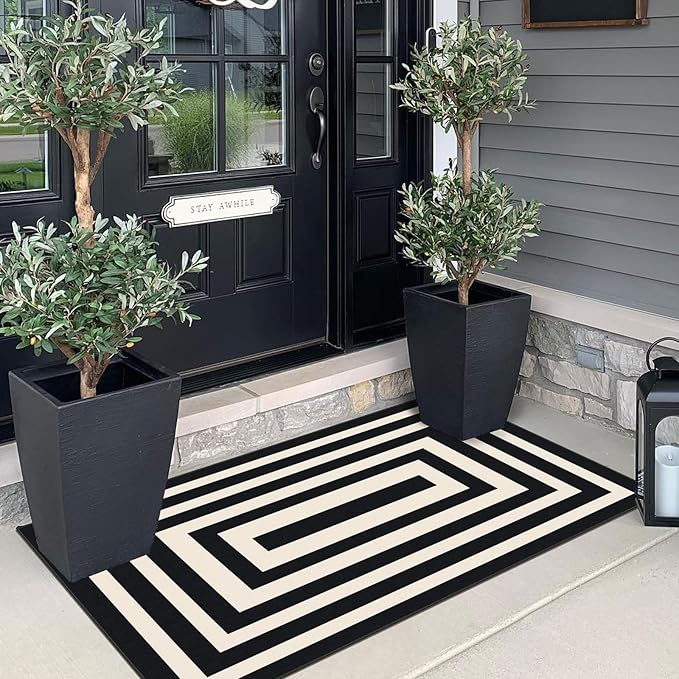 Front Door Mat Indoor Entrance - 2x4.3 Ft Modern Washable Layered Doormat Outdoor Entrance Porch Rug Non-Slip Black White Geometric Runner Rug for Kitchen Bedroom Laundry Room Porch Decor