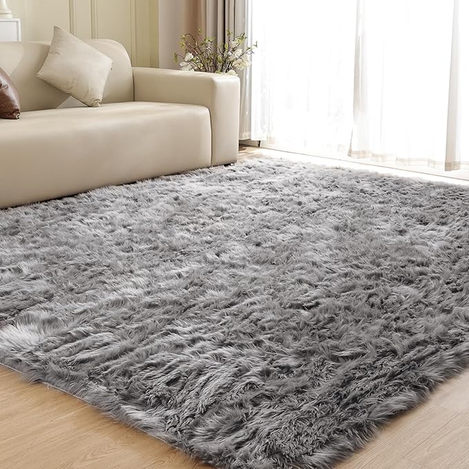 ORINOVA Large Area Rugs 9x12 Living Room Grey Fluffy Rug Faux Sheepskin Washable Fuzzy Fur Rugs for Bedroom Rectangle Nursery Rug