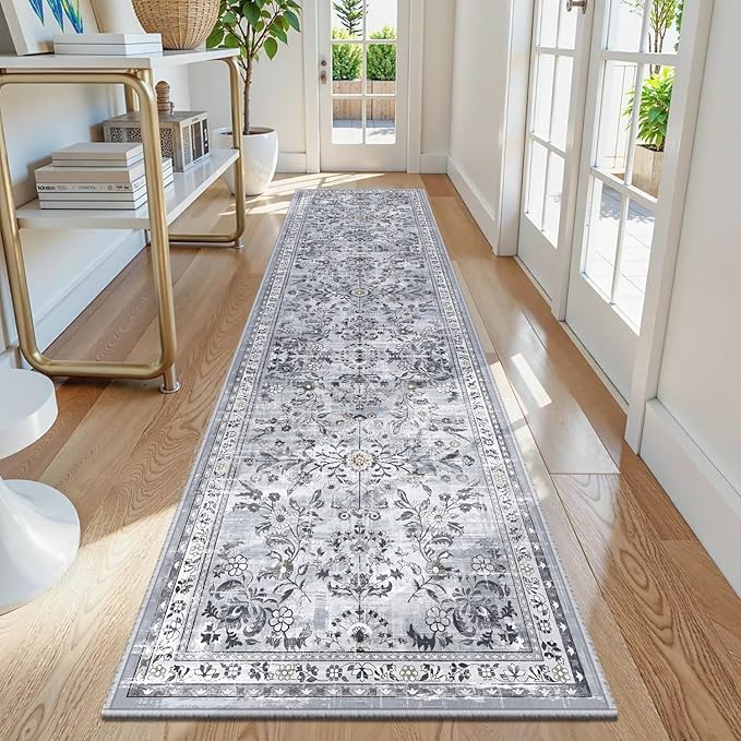 Yamaziot Washable Runner Rug 2x8 – Non Slip Boho Floral Hallway Runner Rug with Rubber Backing, Low Pile Faux Wool Distressed Carpet for Kitchen, Laundry, Bedroom, Entrance, Gray