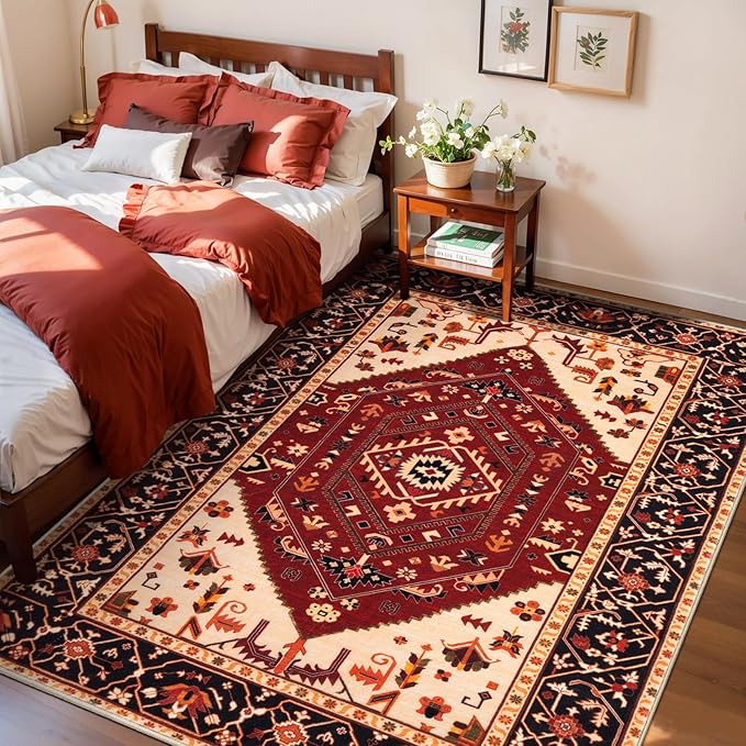 SERISSA Area Rug 3x5 Boho Rugs for Bedroom, Washable Non-Slip Living Room Rug, Ultra Soft Print Distressed Vintage Red Black Rug Low-Pile Throw Carpet for Entry Kitchen Bedroom Nursery Dorm Decor