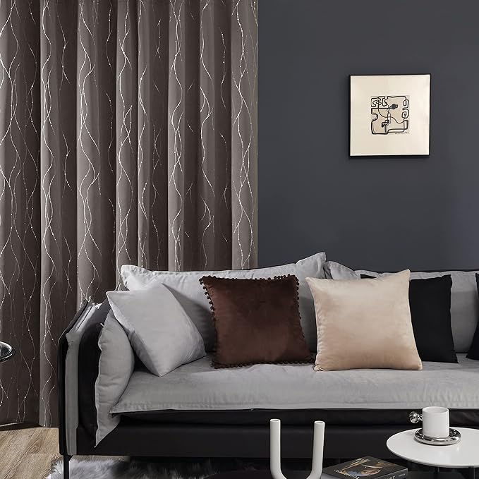 Deconovo Blackout Curtains, Thermal Insulaed Soundproof Drapes, Wave Dots Silver Print, 52 x 95 Inch Long, Set of 2, Machine Washable Window Panel for Sliding Door Bedroom Living Room Nursery, Taupe