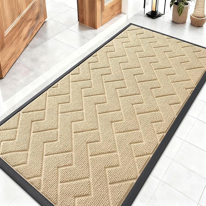 OLANLY Front Door Mat Indoor Outdoor Entrance, Waterproof All-Season, All-Weather Doormat, Sturdy Natural Rubber, Low Profile, Easy Clean Patio Porch Entryway Mat, Herringbone Brick (Beige, 47x23)