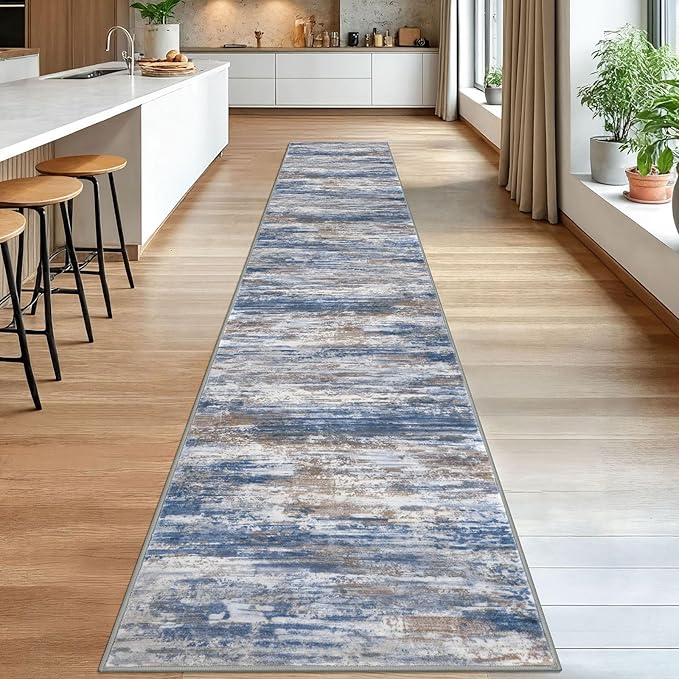 KOZYFLY Modern Abstract Washable Rug Runner 2.6x16 Hallway Rug Runner Non-Slip Soft Kitchen Runner Rugs, Blue Rust Striped Carpet for Stair Entryway Bathroom Laundry Room Foyer