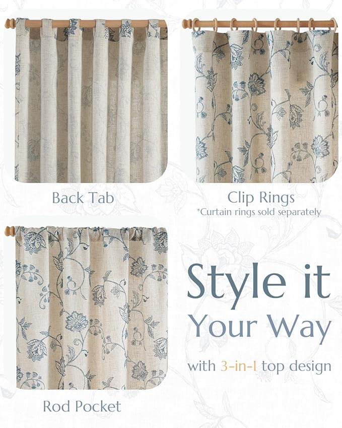 jinchan Linen Curtains Floral Curtains 63 Inch Length for Living Room Bedroom Light Filtering Rod Pocket Back Tab Jacobean Curtains Flax Linen Texture Window Drapes Set 2 Panels Blue on Linen