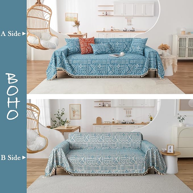 HANDONTIME Turquoise Couch Protector for Dogs Boho Tassel Blue Couch Cover Farmhouse Sofa Covers Aztec Tribal Couch Covers for 3 Cushion Couch Sofa Universal Sofa Slipcover for Home décor, 71" X134"