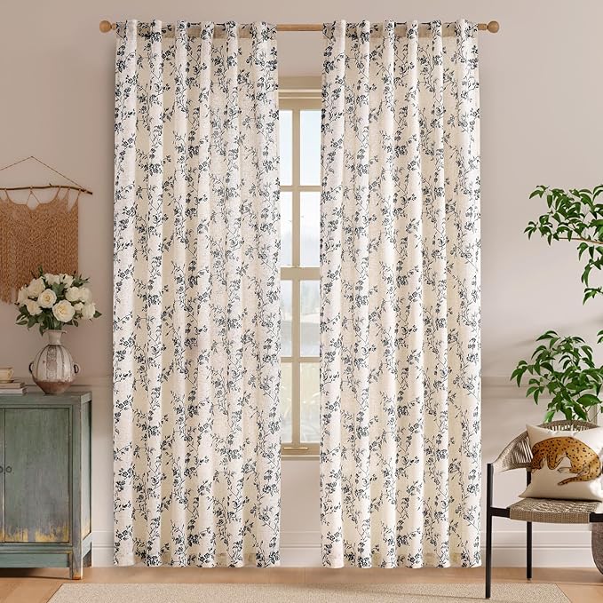 Lazzzy Farmhouse Linen Curtains Black Floral Curtains 90 Inch Length Back Tab Drapes for Living Room Bedroom Light Filtering Country Vintage Rod Pocket, 2 Panels, Black on Beige