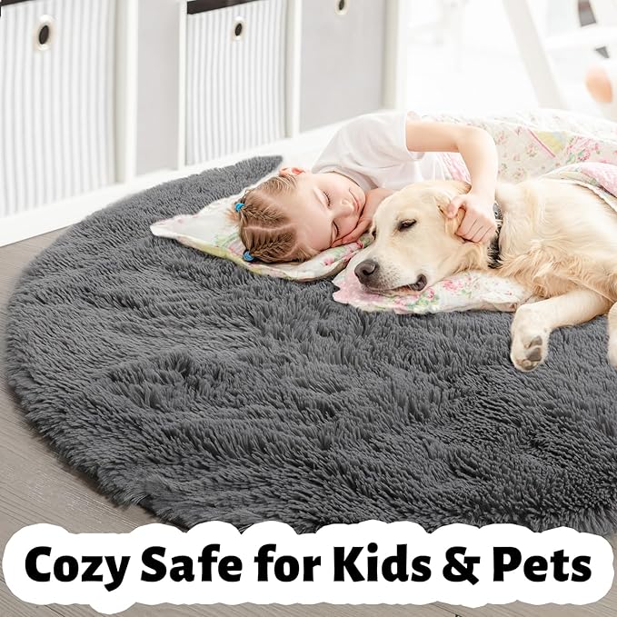 Amdrebio Grey Round Rugs 6Ft for Bedroom Living Room Decor, Fluffy Shaggy Circle Area Rug for Kids Room Classroom Playroom, Large Furry Floor Circular Gray Carpet for Teen Girls Boys Nursery Dorm