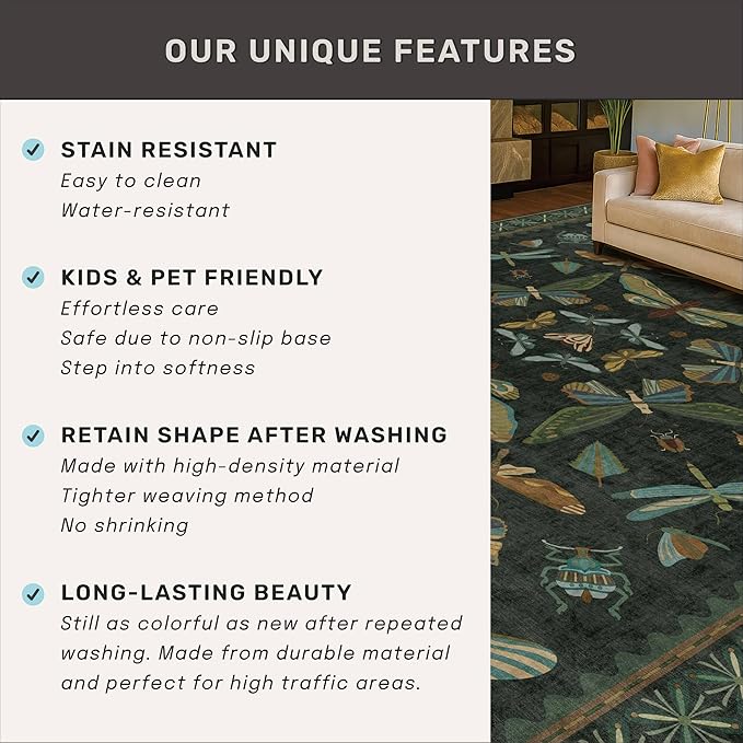 Hazo Haus Dark Green Insect 2x5 Bathroom Runner Rug - Washable Non Slip Runners for Kitchen, Laundry Room, Front Door Mat Entrance, Nature Floral Indoor Floor Décor, Thin Low Pile with Rubber Backed