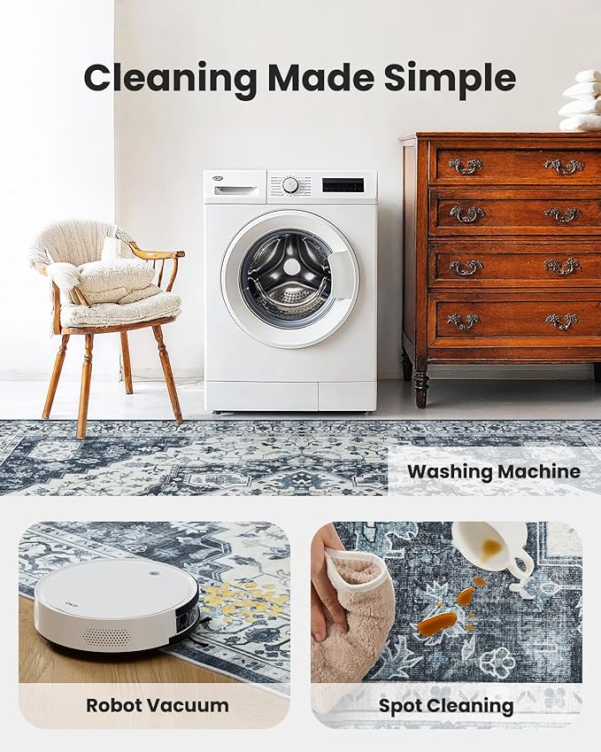 AMADA HOMEFURNISHING 8x10 Area Rug, Washable Low-Profile Large Area Rug with Non-Slip Backing & Durable Edge Binding, Vintage Large Rugs for Living Room, Bedroom