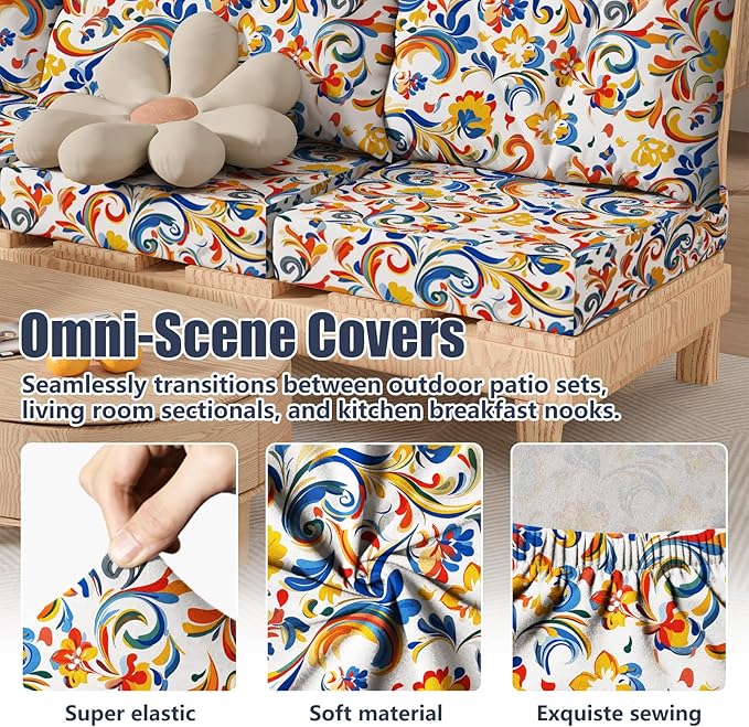 8Pcs Stretch Patio Cushion Covers, Outdoor Couch & Sofa Replacement Slipcovers for Patio Furniture Cushion Covers, Washable Reusable Furniture Protector