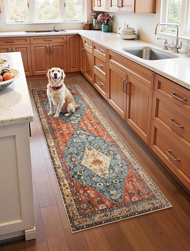 SERISSA Boho Kitchen Runner Rug, 3x7 Washable Non-Slip Runner Rug for Hallways Kitchen Rug, Ultra Soft Vintage Tribal Print Distressed Floor Carpet Runner for Bedroom Entryway Laundry Room