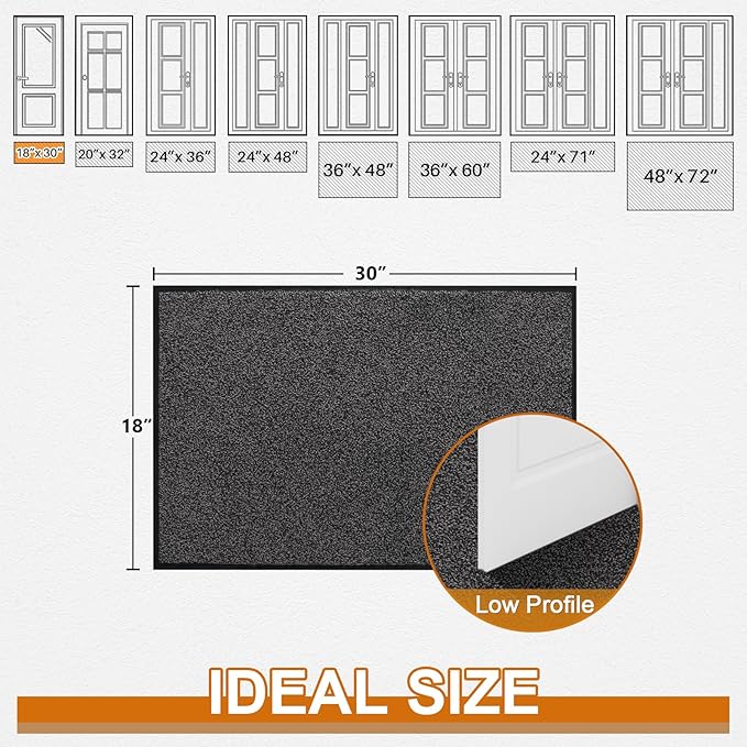 Mibao Front Door Mat, Dirt Trapper Welcome Mat for Outdoor Indoor, Non-Slip Waterproof Doormat, Durable Machine Washable Low Profile Entry Rug for Back Door Outside Patio Porch, 29.5" x 17", Grey