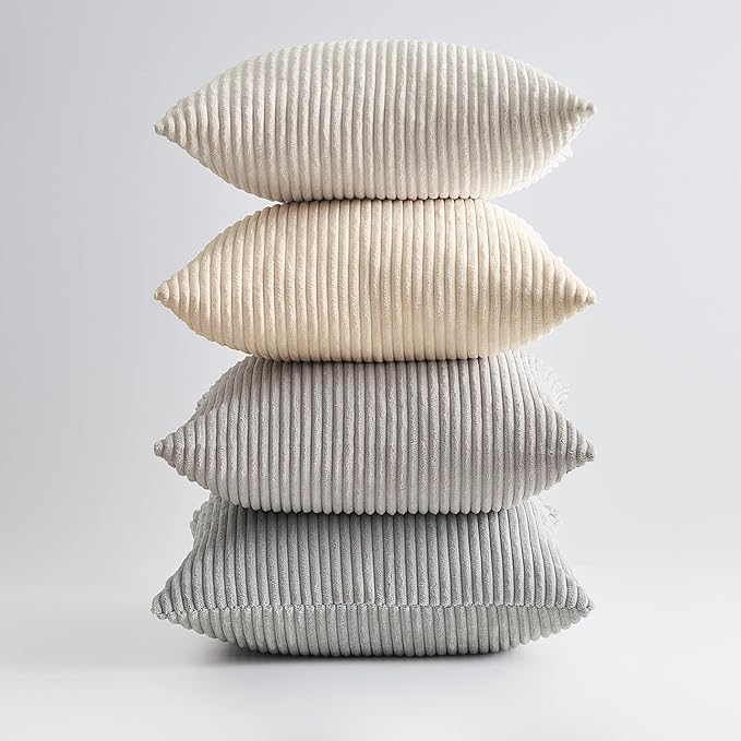 Topfinel 4 Packs Neutral Decorative Throw Pillows Covers 24x24 Inch for Living Room Couch Bed Sofa, Rustic Farmhouse Boho Neutral Home Decor, Soft Plush Striped Corduroy Square Cushion Case 60x60 cm