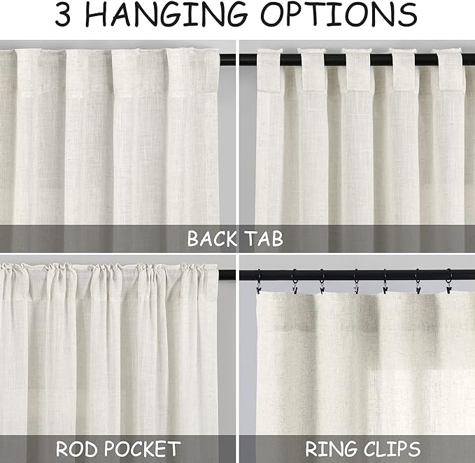 Cream Linen Curtains 108 inches Long for Bedroom 2 Panel Set Back Tab Light Filtering Privacy Sheer Curtains 9 FT Farmhouse Decor Cotton Textured Gauze Curtain for Sunroom Picture Window 36x108
