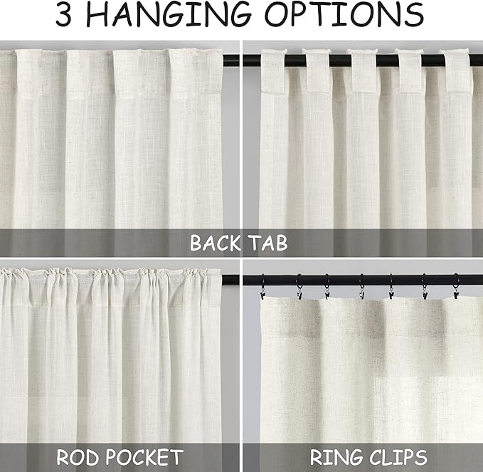 Nanspring 144 Inch Long Curtains 2 Panels for Living Room Back Tab Neutral Farmhouse Extra Long Drapes Semi Sheer Linen Curtain 144 inches Long for Floor to Ceiling High Window Patio Sliding Door